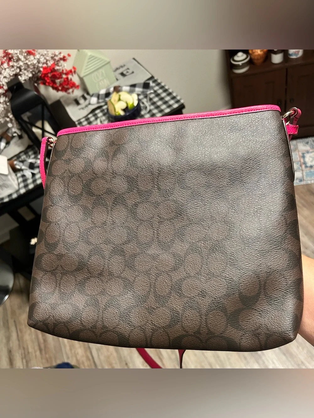 Coach Brown Signature File Bag Crossbody with Bright Fuchsia  Trim
